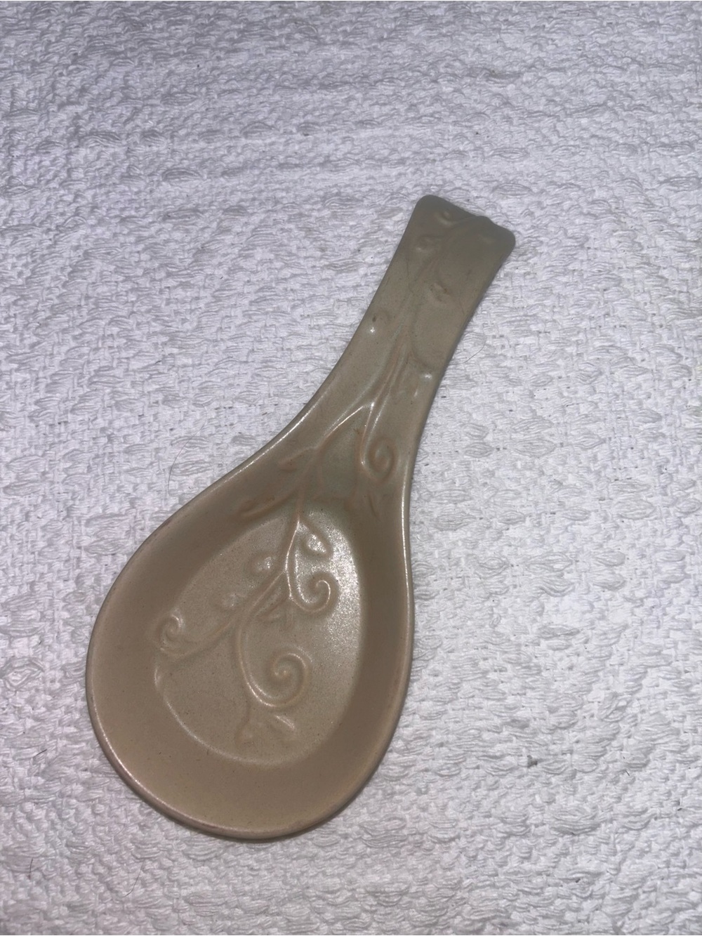 Ceramic Spoon Rest in Taupe with Embossed Vine Design